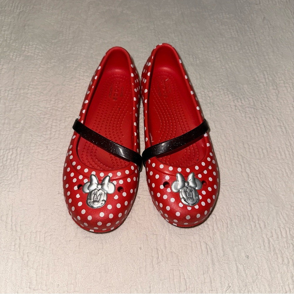 CROCS girls Red and White Minnie Mouse comfort Mary Janes Polka Dots sz 1 - Picture 2 of 5